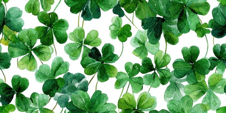 Green clover leaves pattern with watercolor texture, seamless botanical background for spring, nature, St Patrick day, luck and floral decoration design.