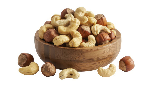 Wooden bowl filled with raw cashews and hazelnuts isolated on a clean white studio background
