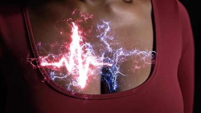 close view of chest with glowing heart rhythm line showing irregular pulse pattern across torso representing cardiac instability, arrhythmia concept, human health monitoring
