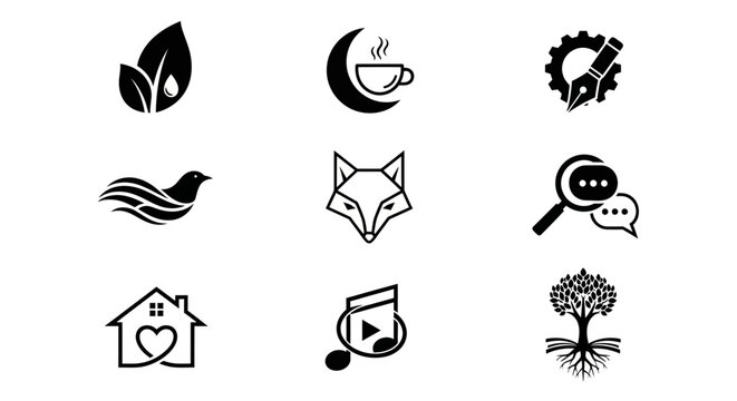 Collection of nine modern minimalist black and white vector logo icons representing diverse concepts like nature business creativity communication and community arranged in a 3x3