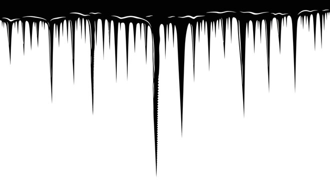 Sharp glistening icicles hanging from a frozen edge creating a dramatic winter border with crisp cold and sharp natural formations against a clean white background symbolizing