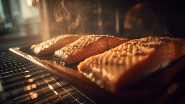 Freshly Baked Salmon Fillets in Oven with Steam Rising and Aromatic Herbs for Gourmet Cooking Experience