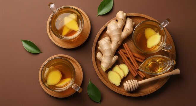Ginger tea with cinnamon sticks and honey on a wooden tray