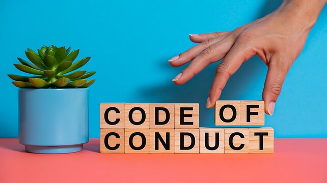Hand arranging code of conduct blocks on desk representing ethics rules and corporate compliance concept