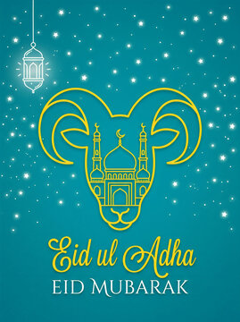 Eid ul adha mubarak greeting card with ram and mosque design on blue background