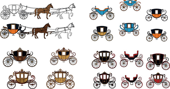 Horse drawn carriage icons set featuring vintage royal coaches and transportation silhouettes in various styles detailed flat vector illustration
