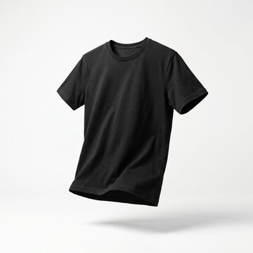 Blank black t-shirt floating in the air on a white background, ready for design.