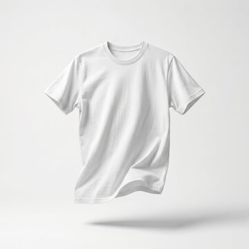 Plain white short-sleeved t-shirt floating against a clean white background, ideal for mockup or product display.