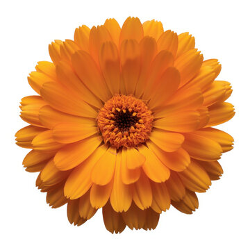 A single bright orange calendula flower with many petals isolated on a white background closeup