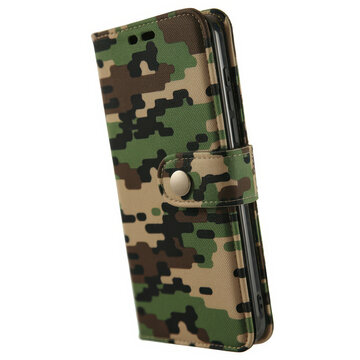 A smartphone protective case with a green, brown, and black digital camouflage pattern