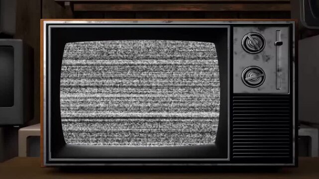 Old retro television with bright statistics screen. with broken screen or no signal