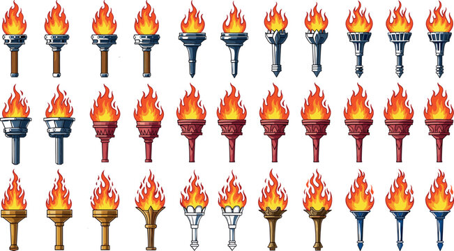 Burning torch collection set featuring medieval and fantasy fire torches with flames in various designs detailed flat vector illustration