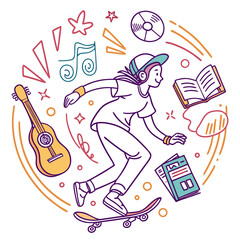 Girl riding skateboard with musical and book icons. © MstMonwara
