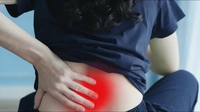 A person rubbing red highlighted pain spot on spinal cord backbone seeking relief and treatment support, Generative AI for medical illustrations