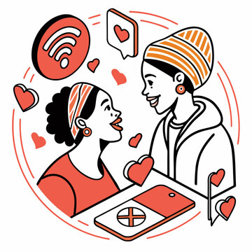 Two women chatting near phone and internet icons.