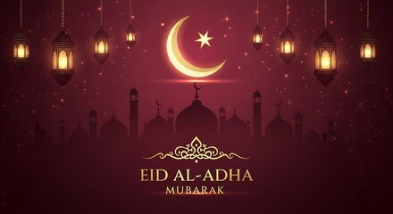 Naklejka premium Celebrating eid al-adha with traditional lanterns and crescent moon decorations