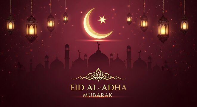 Celebrating eid al-adha with traditional lanterns and crescent moon decorations