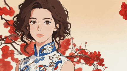 Fototapeta premium Elegant Cheongsam Woman with Red Plum Blossom Background