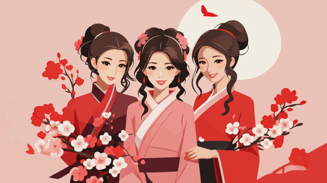 Traditional Chinese Hanfu Girls with Plum Blossom Illustrations