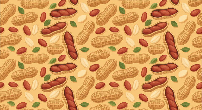 Seamless peanut pattern vector, organic groundnut background with whole shells and kernels, flat illustration of roasted nuts and green leaves