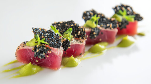 bluefin tuna akami with avocado crema dish