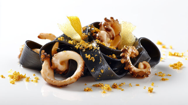 nero di seppia pasta with gold dusted presentation