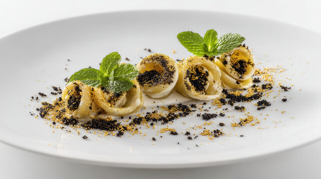 nero di seppia pasta with gold dusted presentation