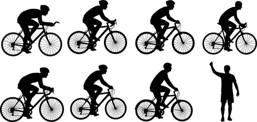 Naklejka premium Cyclist silhouette vector set with multiple road biking poses and referee figure, cycling sport icons, outdoor fitness activity illustration collection