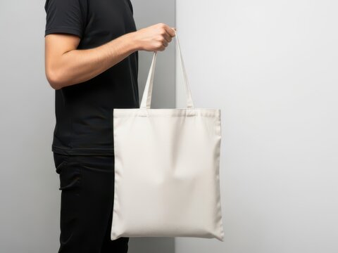 Person holding large white tote bag standing upright