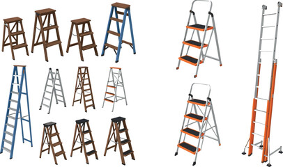 Large collection of step ladders in various materials and styles isolated on white background construction equipment vector illustration set © Amowara