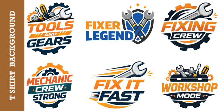 T shirt design collection featuring mechanic tools workshop logos with gear and wrenches.