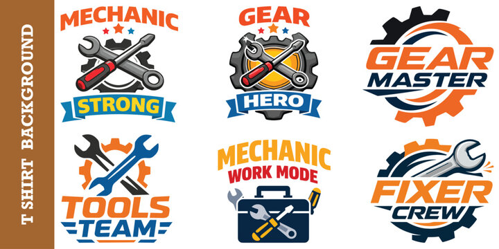 Mechanic apparel logo set featuring workshop tools gear icons and bold text design prints.