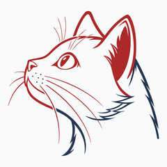 Cat profile outline art in red and dark blue. © Nasima