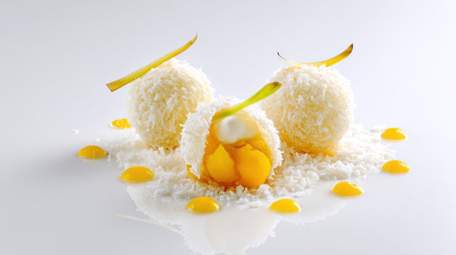 deconstructed mango pomelo sago dessert with coconut
