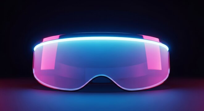 A sleek futuristic visual featuring a vibrant glowing visor with neon blue and pink lighting highlights against a clean dark background, sci-fi, shadow, equipment