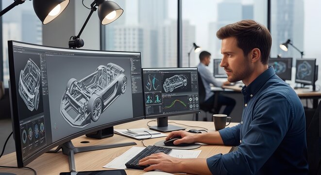 Professional engineer working with car design on computer