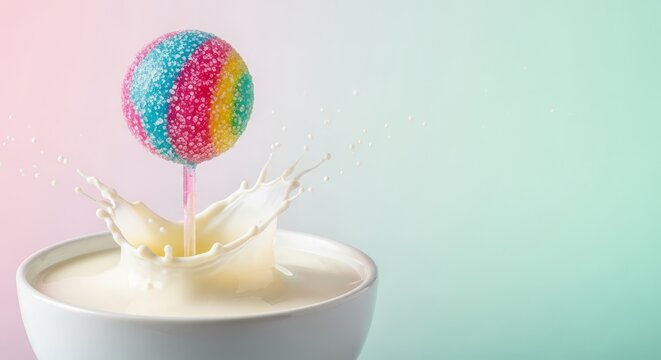 A spherical translucent candy on a stick creates a dynamic splash in a bowl of cream against a soft pink and mint green backdrop, minimal, shiny, treat