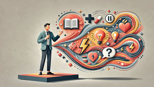A speaker delivers repeated lines about stories, illness, hesitation, desire, thoughts, pain, and questions, describing actions, reactions, and dialogue elements in a continuous mixed narrative.