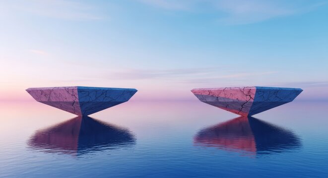 A surreal ocean landscape featuring geometric stone platforms floating above perfectly still, mirror-like blue water under a soft pink sky, endless, ocean, light