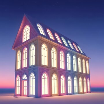 A surreal pastel house with glowing arched windows stands under a soft midnight sky, creating a nostalgic and dreamlike liminal atmosphere, dreamcore, weirdcore, building