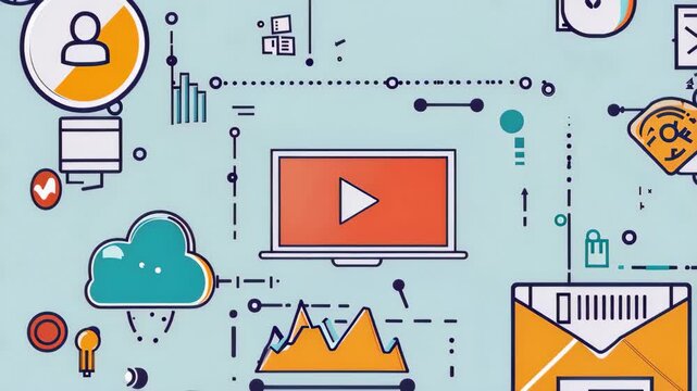 Digital elements related to communication and technology with icons of videos, charts, and messages used in online activities