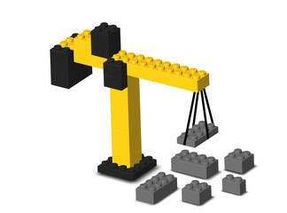 Naklejka premium Black and yellow building crane made by realistic Lego plastik constructor parts isolated on white background. Under maintenance or construction concept. 3D rendered editorial vector PNG