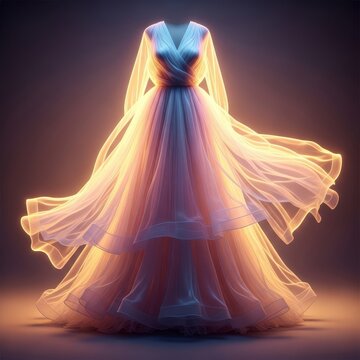 An ethereal flowing gown made of sheer silk and delicate tulle displays glowing edges under soft golden light in a magical atmosphere, pastel, textile, silk