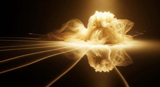 An ethereal flowing gown rests in a pool of golden light while luminous reflections on a dark glossy floor create a magical cinematic mood, gown, shimmering, layers