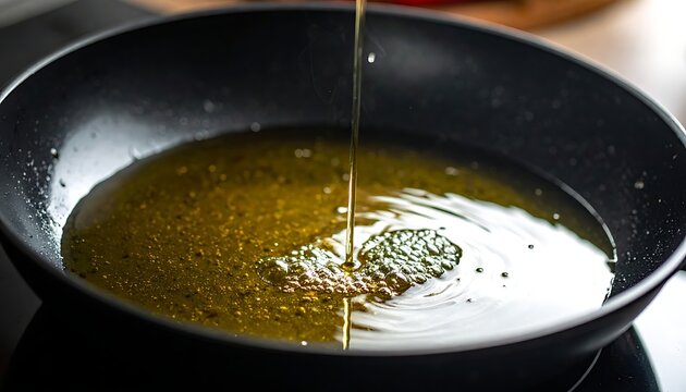A black frying pan with oil being poured into it
