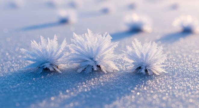 Extreme macro shot of delicate ice crystals forming intricate frost flowers on a frozen surface, captured in soft morning light with texture, ethereal, stillness, ice