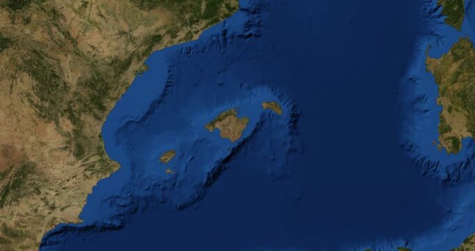 Majorca on Globe. Zoom into the island with Earth spinning in space. High detail physical world map with Majorca on it. Elements of this image furnished by NASA.