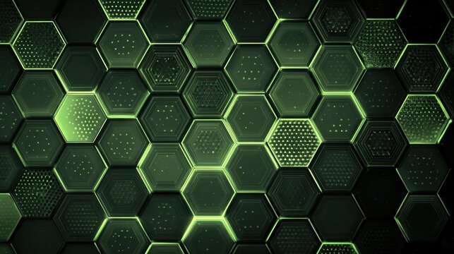 Hexagon Data Matrix: A dynamic interplay of light and shadow highlights a matrix of green hexagons, symbolizing the intricate interconnectedness of modern technology. 