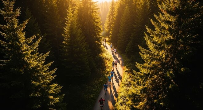 High angle drone view of a winding forest trail featuring a group run as golden sunlight filters through the dense evergreen tree canopy, fitness, canopy, trail