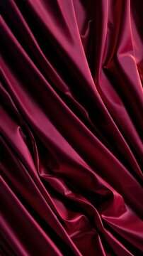 Dark red satin fabric with smooth shiny folds and creases texture
